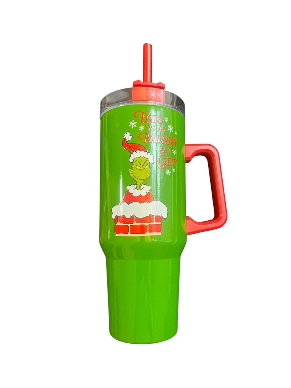 Festive Green Grinch Travel Tumbler with Red Handle and Straw
